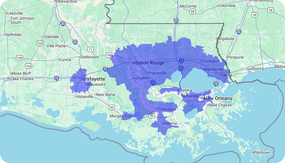 Baton Rouge and Lafayette service area map