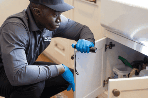 Hawx technician inspecting kitchen cabinets