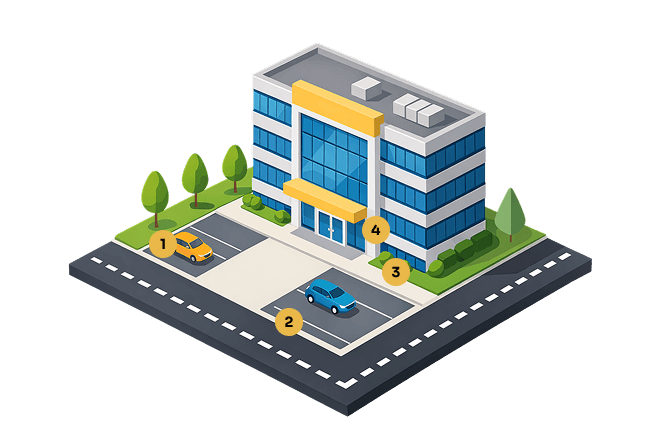 Isometric illustration of a commercial building with numbered treatment points