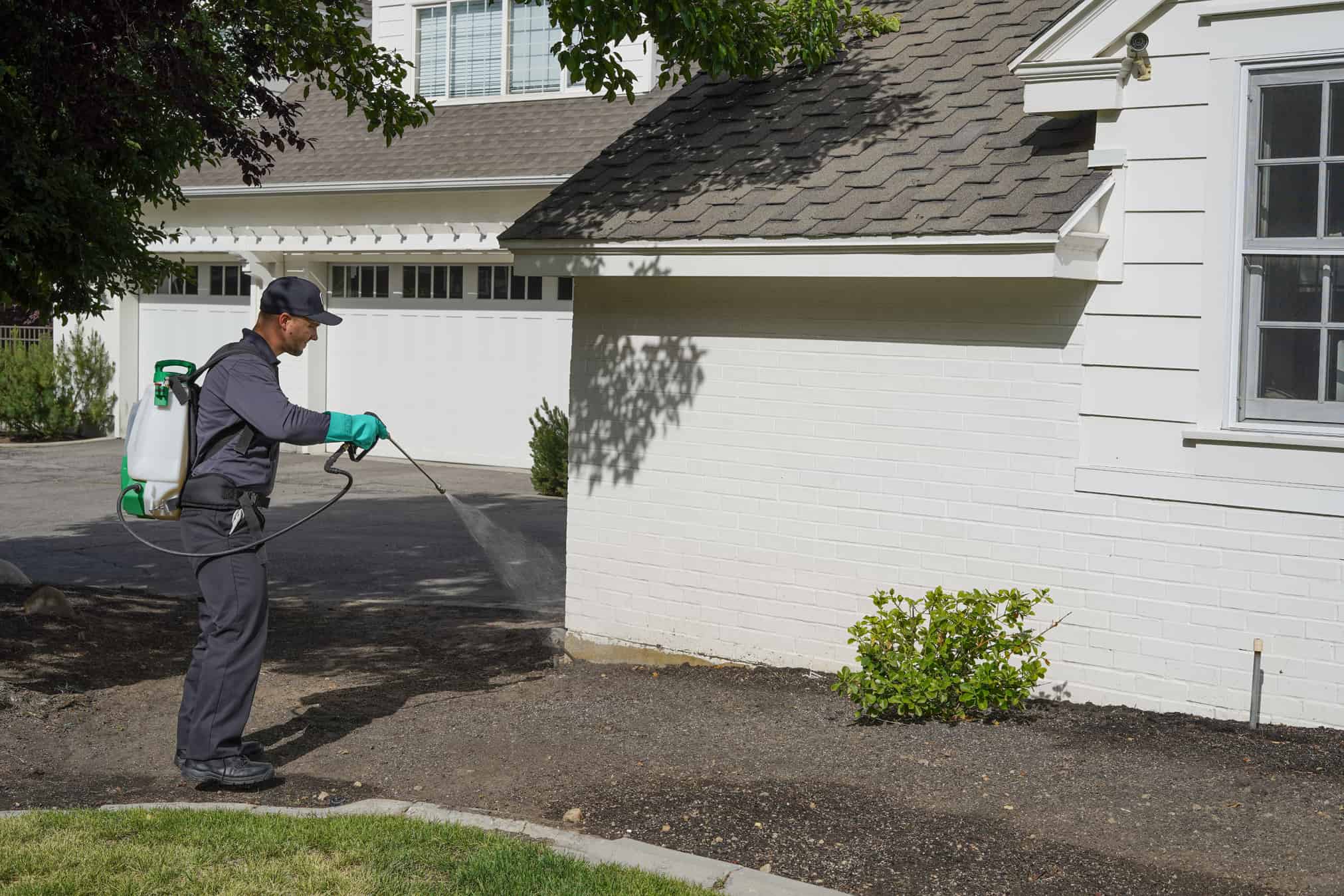 Hawx pest control technician treating a home exterior