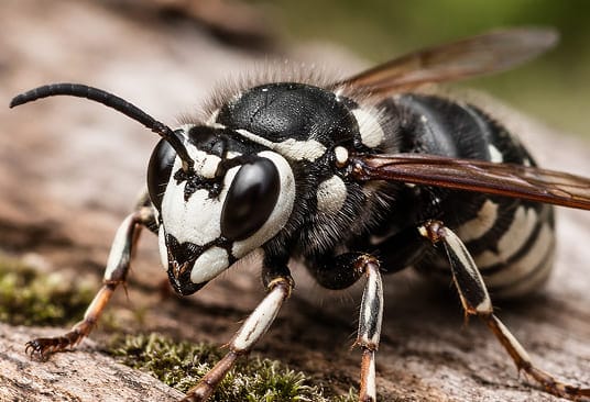 Bald-faced hornet close-up showing its distinctive markings