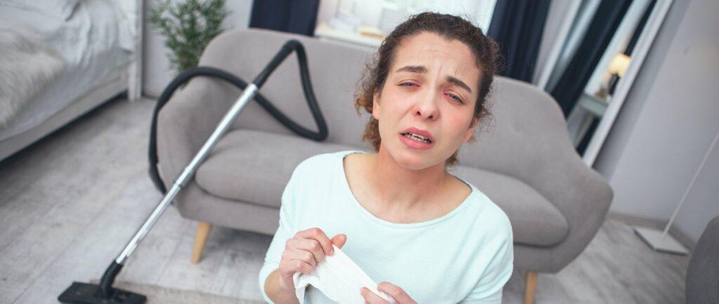 woman sneezing in her living room while holding a kleenex
